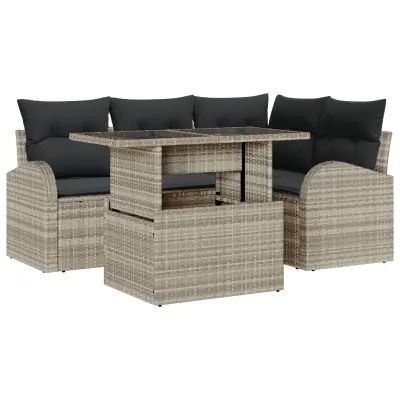 vidaXL 5-delna vrtna sofa garnitura z blazinami svetlo sivi poli rattan