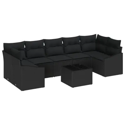 vidaXL 8-delni vrtni sofa set s blazinami Črna Poli ratan