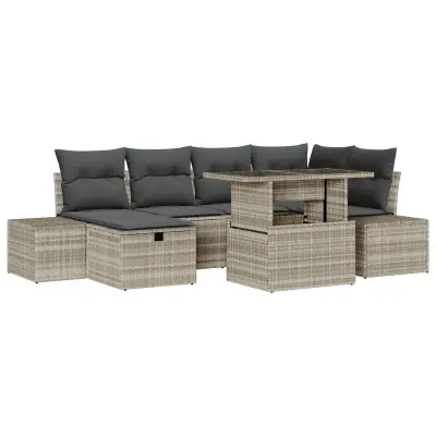 vidaXL 7-delna vrtna sofa garnitura z blazinami Svetlo siva Poli ratan