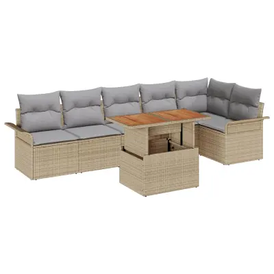 vidaXL 7-delni vrtni jedilni set z blazinami Bež Poli Rattan Acacia