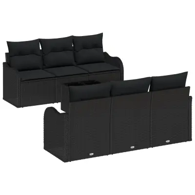 vidaXL 7-delna vrtna sofa garnitura z blazinami Črna Poli ratan