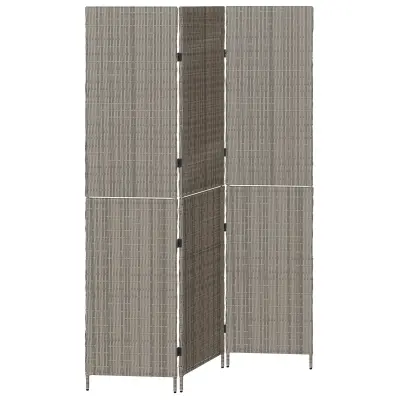 vidaXL Pregradna stena 3 plošče zložljiva siva 147x180 cm poly ratan
