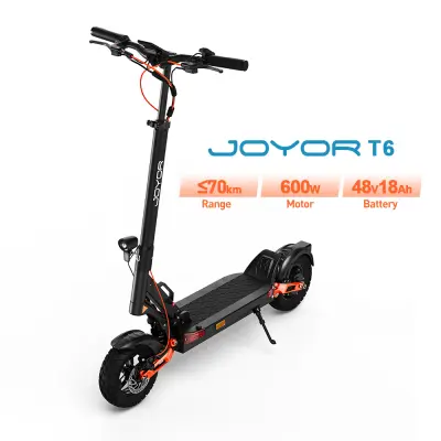 JOYOR-T6 e-skuter: 600W motor, 48V 18Ah baterija, 25 km/h, 70 km doseg. Aluminijasta okvir, meh. disk zavore, hidravlični blažilnik, 10" pnevmatike.