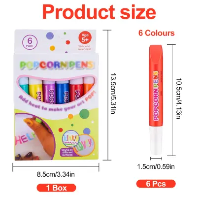 6 kosov Magic Popcorn Puffy Pens - 3D Art Pens za otroške rojstnodnevne čestitke
