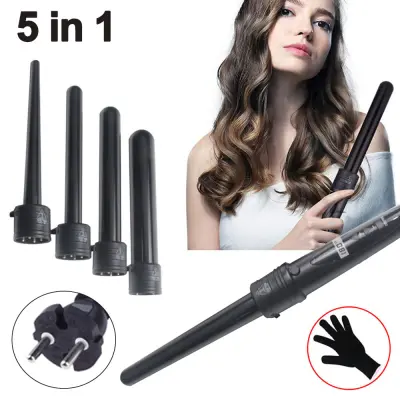 5-v-1 set keramične palice za kodranje z rokavicami, odpornimi na vročino