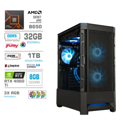 Računalnik MEGA MT S8 R5-7600X/RTX4060Ti/32GB-DDR5/1TB-4.0/750W/Brez OS/črna RGB + Estetski napajalni kabli [Svetlo modra / Črna]