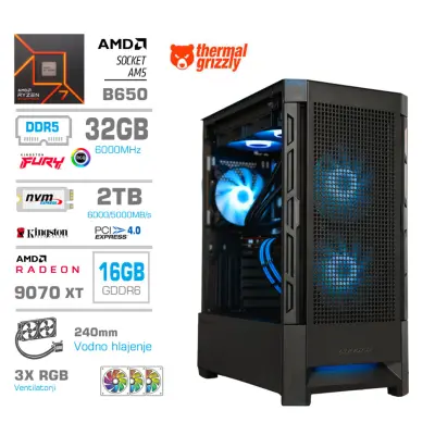 Računalnik MEGA MT S8 R7-7700X/RX9070 XT/32GB-DDR5/2TB-4.0/750W/Brez OS/črna RGB + Estetski napajalni kabli [Svetlo modra / Črna]
