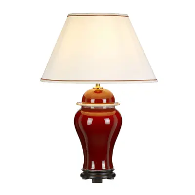 Elstead Lightbox Namizna svetilka Oxblood Temple Jar z 1 lučjo iz keramike, visok bombažni senčnik Empire