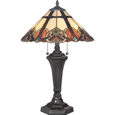 Elstead Cambridge Namizna svetilka z 2 lučema, vintage bron, steklo Tiffany, E27