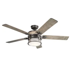 Elstead Kichler Ahrendale Stropni ventilator s 5 lopaticami, 152 cm, LED lučko, nakovalom in železnim kovancem, IP44, daljinskim upravljalnikom