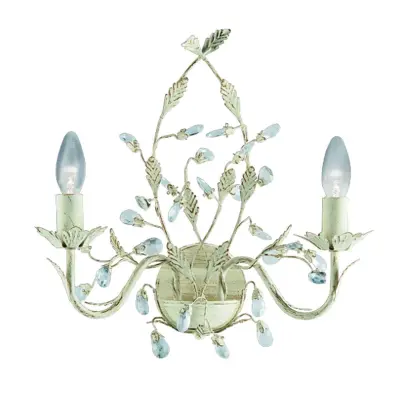 Searchlight Almandite Stenska svetilka z 2 svečama, zlata, kremna s kristali, cvetličnim motivom listov, E14