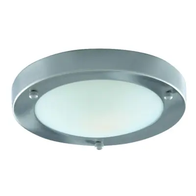 Searchlight Bathroom Flush Stropna svetilka za kopalnico z 1 lučjo, satenasto srebrna, okrogla, s kupolastim steklenim difuzorjem IP44, E27