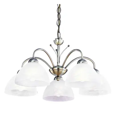 Searchlight Milanese Stropna svetilka s 5 lučmi in več kraki, starinska medenina, steklo, E14