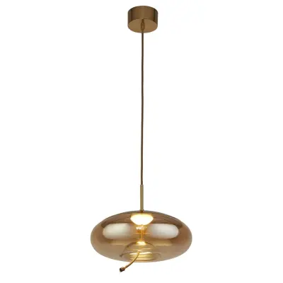 Searchlight Lisbon Viseča svetilka z 1 LED kupolo, satenasta medenina in jantarno steklo 2700K