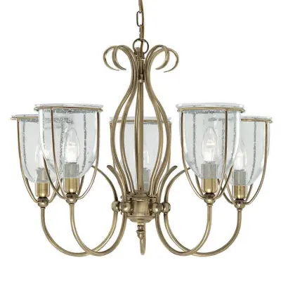 Searchlight Silhouette Stropna svetilka s 5 lučmi in več kraki, starinska medenina, z matiranimi steklenimi senčniki, E14