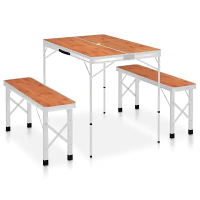 The Living Store Zložljiva kamping miza z 2 klopema aluminij rjave barve - Komplet Kamping Mize