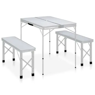 The Living Store Zložljiva kamping miza z 2 klopema aluminij bele barve - Komplet Kamping Mize