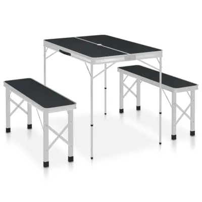 The Living Store Zložljiva kamping miza z 2 klopema aluminij sive barve - Komplet Kamping Mize