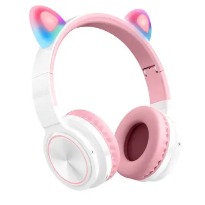 Bluetooth slušalke CT-7 Cat Ear, LED lučka, mikrofon, zložljive, roza/zelene