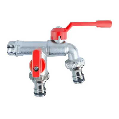 Rdeča medeninasta dvojna izlivna pipa z 2 priključkoma