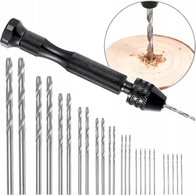 ROČNA MINI VRTALNA STISKALNICA ČRNE BARVE + KOMPLET 25 SVEDROV 0,5-3 MM ZA LES IN PLASTIKO