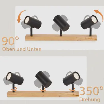 NETTLIFE Črna Stropna Svetilka s 3 Lučkami, Lesena, GU10, Retro Vintage Slog, Kovinska, Vrtljiva za 350°