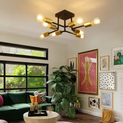 NETTLIFE Stropna svetilka E27 Vintage kovinska industrijska svetilka z 8 žarnicami, črna in zlata, za spalnico in dnevno sobo