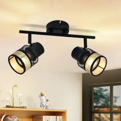 NETTLIFE Stropna svetilka z 2 reflektorjema, max 25W, kovinska, E27, črna, vintage, za hodnik, 330 z zlatim senčnikom iz blaga