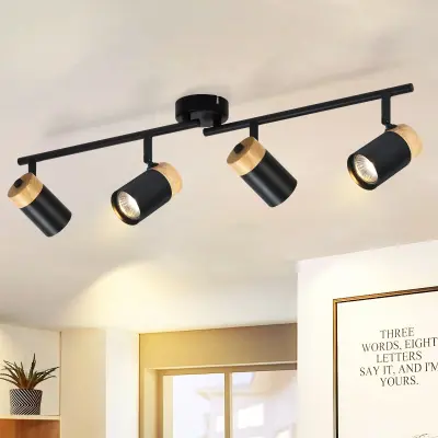 NETTLIFE Stropna svetilka 4 leseni reflektorji GU10 črna nastavljiva 330° za dnevno sobo, spalnico, kuhinjo, otroško sobo brez žarnice