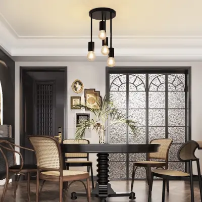 NETTLIFE Stropna svetilka vintage črna stropna svetilka 4 žarnice E27 retro industrijska kovinska brez žarnic