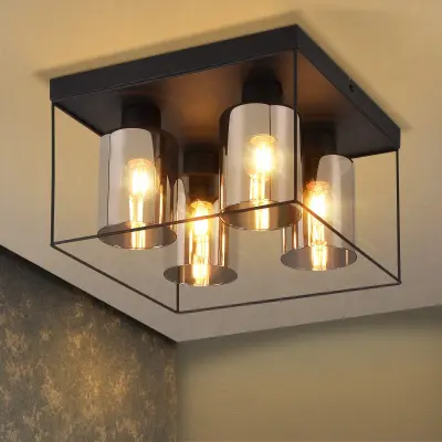 NETTLIFE Stropna svetilka za dnevno sobo, steklena, 4 žarnice E27, vintage črna, industrijski slog, kovinska, retro