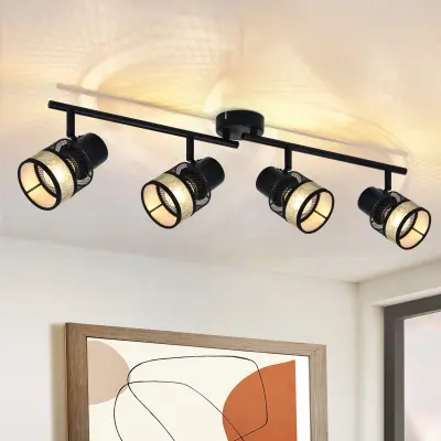 NETTLIFE stropna svetilka 4 kovinski reflektorji E27 max. 25W vintage črna 330° zlata tkanina senčnik za dnevno sobo, kuhinjo, stopnice, jedilnico