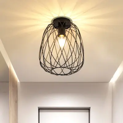 NETTLIFE Črna stropna svetilka za hodnik, vintage industrijska retro stropna svetilka E27, 1 žarnica, okrogla kovinska svetilka