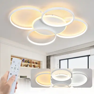 NETTLIFE LED stropna svetilka za dnevno sobo, zatemnljiva 70 W z daljinskim upravljalnikom, 5 obročev, bela, moderna, akrilna, zatemnljiva