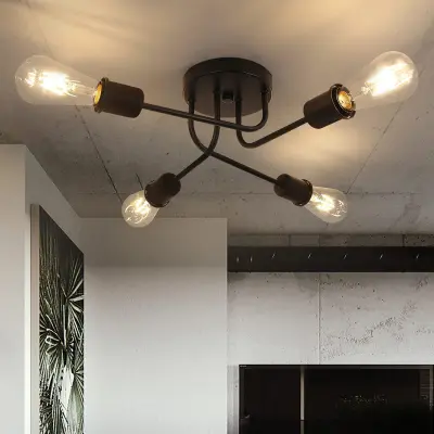NETTLIFE Stropna svetilka Vintage črna stropna svetilka - Retro svetilka za dnevno sobo 4 žarnice Industrijska E27 brez žarnic