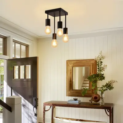 NETTLIFE Stropna svetilka Črna Vintage Stropna svetilka E27 4 Žarnice Retro Kovinska Brez Žarnic