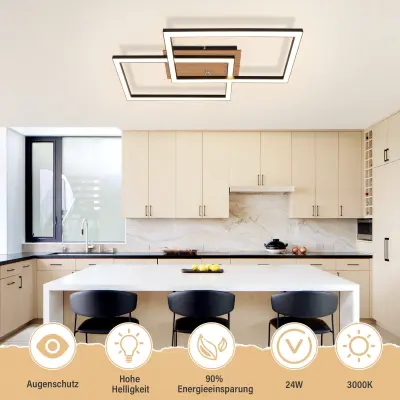 NETTLIFE Moderna LED stropna svetilka Lesena stropna svetilka 3000K Toplo bela črna pravokotna oblika 24W