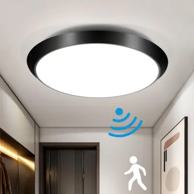 NETTLIFE LED stropna svetilka z notranjim senzorjem gibanja črna IP44 15 W okrogla kletna svetilka s senzorjem gibanja Ø 30 cm 4000 K