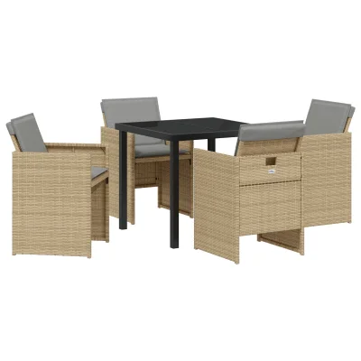 vidaXL 5-delna vrtna jedilna garnitura z blazinami bež poli ratan, vidaXL miza črna 80x80x73 cm kaljeno steklo