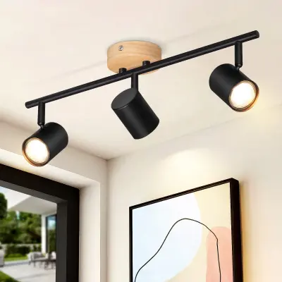 NETTLIFE 3-LED stropna svetilka črna, GU10 vrtljiva, lesena stenska svetilka, brez žarnice, za dnevno sobo/spalnico
