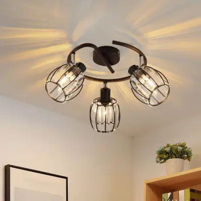 NETTLIFE 3-lučna vintage črna kristalna stropna svetilka E14 za hodnik, vrtljiva za 350°, industrijska