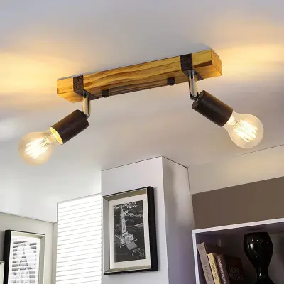 NETTLIFE Retro stropna svetilka z 2 lučema, zatemnljiva, z lesenim nosilcem, nastavljiva LED, zamenljiva