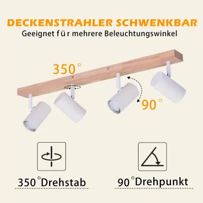 NETTLIFE Stropna svetilka, 4 žarnice, bela lesena, GU10, vintage, vrtljiva