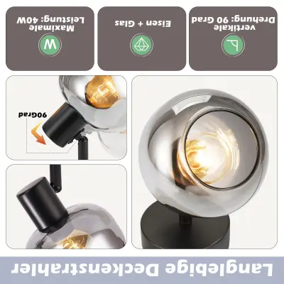 NETTLIFE Stropna svetilka za dnevna soba črna stropna svetilka 1 žarnica E14 siva stropna svetilka retro steklena vintage stropna svetilka