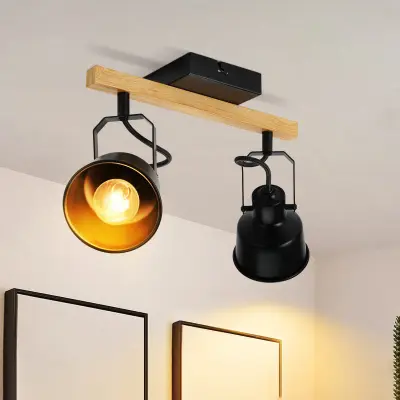 NETTLIFE Stropna svetilka z 2 plamenoma, nastavljiva na 350 °, vintage vtičnica E14, visokokakovosten dizajn iz zrnatega lesa