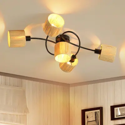 NETTLIFE Stropna svetilka s 5 plameni, E14, naravno črna, papirnata, za dnevno sobo