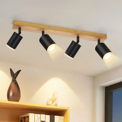 NETTLIFE Stropna svetilka, stropni reflektor, 4 plameni, lesena stropna svetilka GU10 355, nastavljiva, črna, vintage, industrijska