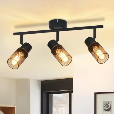 NETTLIFE Stropna svetilka 3 žarnice črna vintage E27 vrtljiva kovinska svetilka za dnevno sobo, otroško spalnico, maks. 25 W brez žarnice