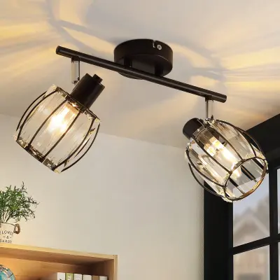 NETTLIFE 2-lučna vintage črna kristalna stropna svetilka E14 za industrijski hodnik, vrtljiva za 350°