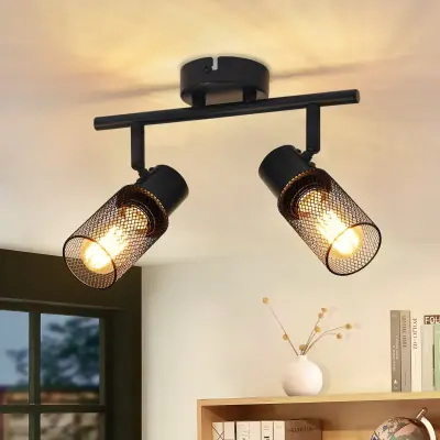 NETTLIFE Stropna svetilka 2 reflektorja črna kovinska industrijska E27 LED za hodnik dnevna soba spalnica jedilnica vhodna vrata brez žarnice